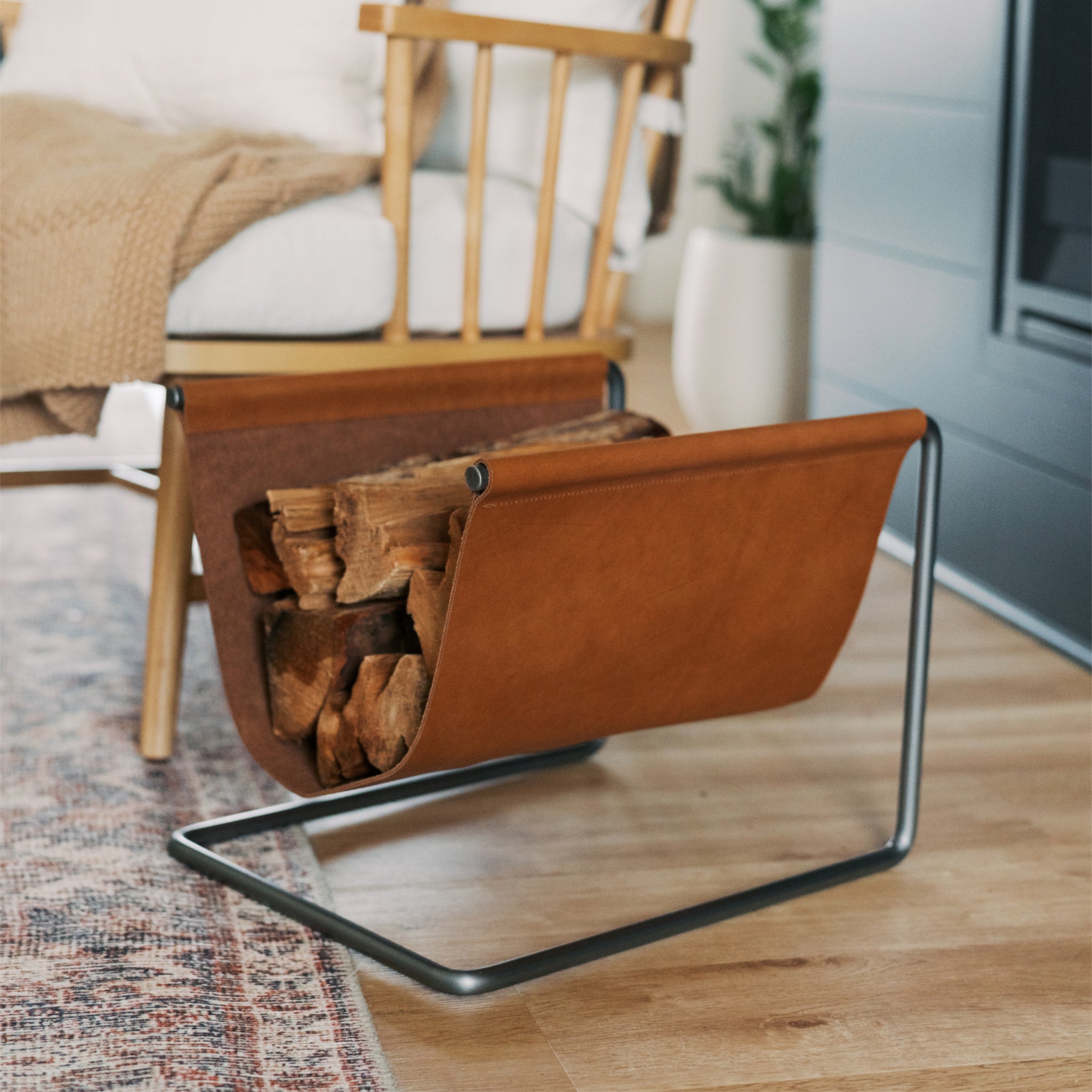 Steel and Leather Indoor Wood Holder