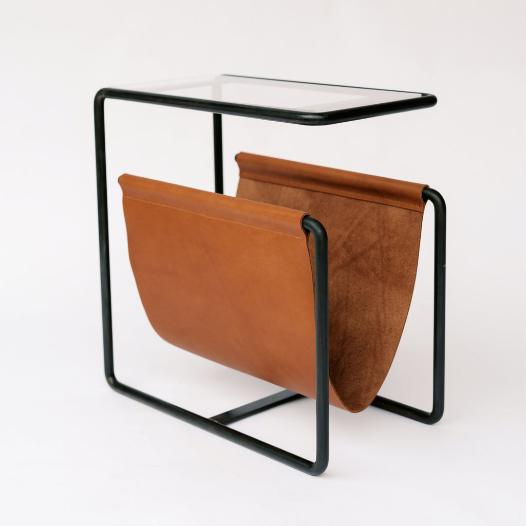 Black Oxide dark  steel and caramel full-grain leather magazine rack side table with tempered glass top