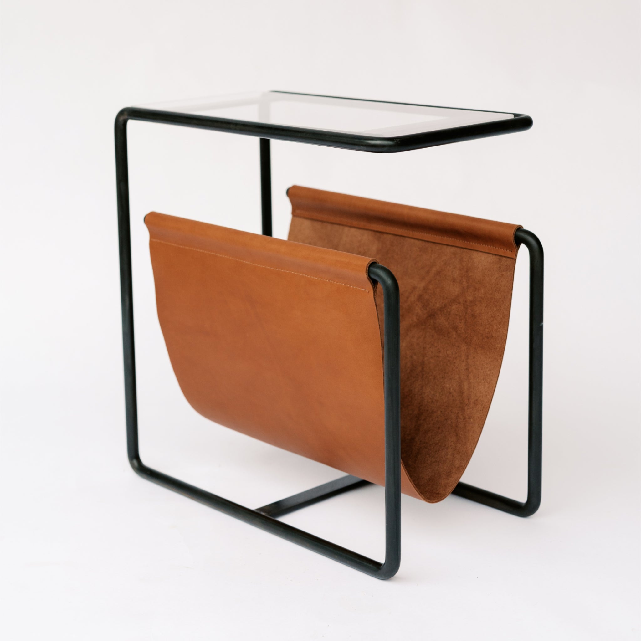Black Oxide dark  steel and caramel full-grain leather magazine rack side table with tempered glass top