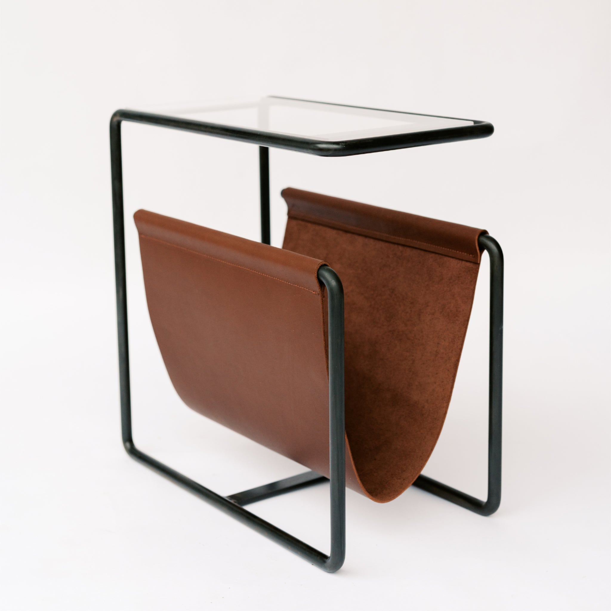 Black Oxide dark  steel and medium brown full-grain leather magazine rack side table with tempered glass top